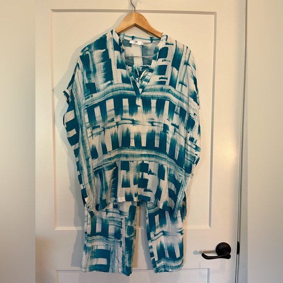 Natori Other - Natori Pajama Pant V-neck Top Blue Turquoise Abstract Lounge Wear Size L